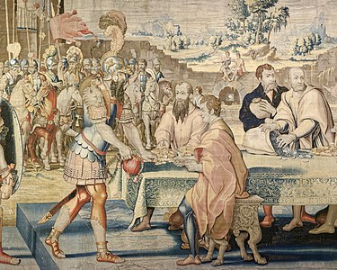 Qirolning katta zalida Fructus Belli (Urush mevalari) gobelenining tafsiloti (1544)