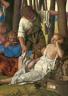 Priapus and Lotis Giovanni Bellini and Titian - The Feast of the Gods - Detail- figures right & tub with script.jpg