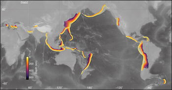 Global map of subduction zones, with subducted slabs contoured by depth Global subducted slabs USGS.png