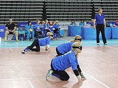 Ukraine women's goalball team preparing to defend against Greece.  IBSA World Games, Seoul, South Korea (May 2015).