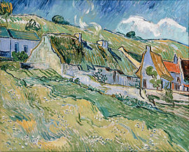 An oil painting of thatched cottages and houses. The sky is an intense blue complementing the yellow of the vegetation in the foreground. In the middle there is a diagonal band of green that is accentuated by one red roof on the right. The shadows on the houses are tinged with blue. The atmosphere is calm and serene, the smoke from the chimneys curling vertically up on a still day.