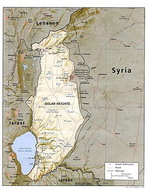 Sites on the Golan in blue are Jewish communities. Sites on the Golan in black are Druze and Circassian communities. Areas of the Golan controlled by Israel are light-coloured while those under Syrian control are grey. The Golan Heights are surrounded by four countries: Lebanon, Syria, Jordan, and Israel.