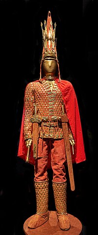 Cataphract-style parade armour of a Saka royal, also known as "The Golden Warrior", from the Issyk kurgan, a historical burial site near Almaty, Kazakhstan. Circa 400-200 BC. Golden Man (Issyk kurgan).jpg