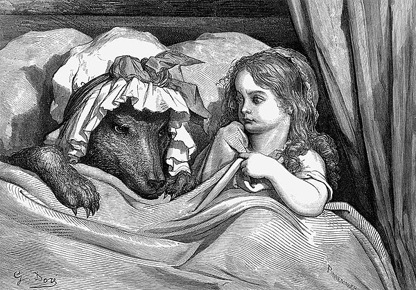 Gustave Doré's engraving of the scene "She was astonished to see how her grandmother looked."