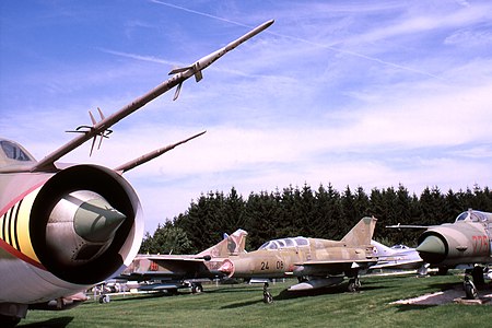 Sukhoi Su-22, MiG-23 and two MiG-21s. Hermeskeil diverse MiG 01 08.jpg