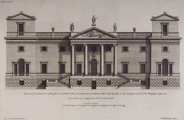 The façade of Houghton Hall from Colen Campbell's Vitruvius Britannicus. The corner towers were replaced with domes in the final design.