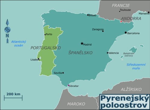 Mapa Pyrenejského poloostrova