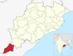 Malkangirin piirikunta Odishan kartalla.