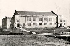 The Men's Gymnasium hosted Hoosier basketball from 1917 to 1928 and was the first in the nation to use glass backboards. Indiana University Gymnasium.jpg