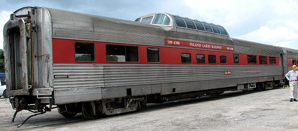 Former California Zephyr Silver Bridle dome car in excursion train service with the defunct Inland Lakes Railway in Plymouth, Florida