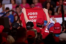 A "Jobs Not Mobs" shirt at a Make America Great Again campaign rally for President of the United States Donald Trump at International Air Response Hangar at Phoenix-Mesa Gateway Airport in Mesa, Arizona, in 2018 Jobs Not Mobs shirt (30504797547).jpg