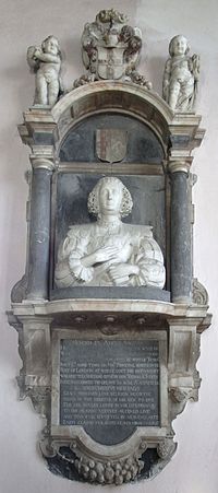 Monument to Judith Newman (1608-1634) firstly wife of William I Hancock (d.1625), secondly of Thomas II Ivatt, Combe Martin Church. Above are displayed within an escutcheon the following arms: Argent, on a cross gules five fleurs-de-lis or (Ivatt) impaling Azure, a chevron wavy between three griffons segreant or (Newman) JudithNewmanHancockIvattCombeMartinDevon.JPG