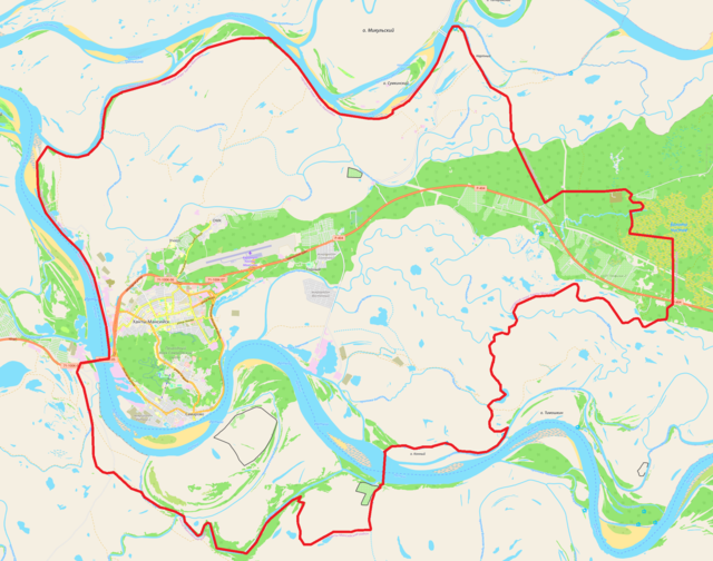 Mapa konturowa Chanty-Mansyjska, po lewej znajduje się punkt z opisem „Sobór Zmartwychwstania Pańskiego”