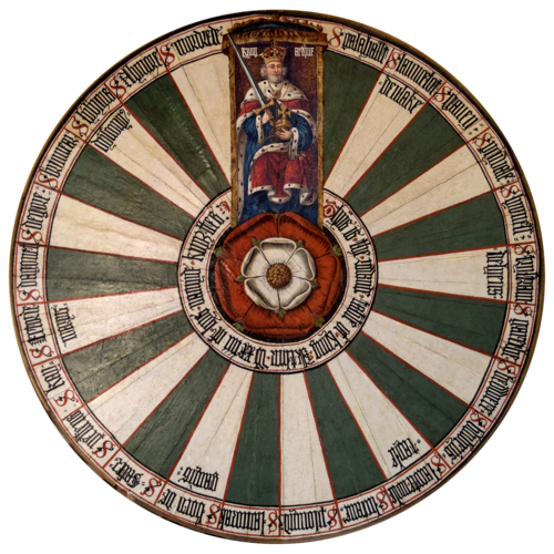 The Winchester Round Table featuring the names of S galahallt (Sir Galahad), S launcelot deulake (Sir Lancelot de Lake), S gauen (Sir Gawain), S pcyvale (Sir Percival), S Iyonell (Sir Lionel), S trystram delyens (Sir Tristan de Lyoness), S garethe (Sir Gareth), S bedwere (Sir Bedivere), S blubrys (Sir Bleoberis), S lacotemale tayle (Sir La Cote Male Taile), S lucane (Sir Lucan), S plomyd (Sir Palamedes), S lamorak (Sir Lamorak), S bors de ganys (Sir Bors de Ganis), S safer (Sir Safir), S pelleus (Sir Pelleas), S kay (Sir Kay), S Ectorde marys (Sir Ector de Maris), S dagonet (Sir Dagonet), S degore (Sir Degore), S brumear (Sir Brunor), S lybyus dyscovy (Sir Le Bel Inconnu), S alynore (Sir Alymore), and S mordrede (Sir Mordred) King Arthur's Round Table at Winchester Castle, Winchester, Hampshire, England.png