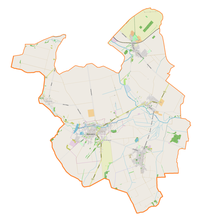 Mapa konturowa gminy Krzanowice, w centrum znajduje się punkt z opisem „Kościół św. Mikołaja”