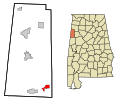 This map shows the incorporated and unincorporated areas in Lamar County, Alabama, highlighting Kennedy in red. It was created with a custom script with US Census Bureau data and modified with Inkscape.