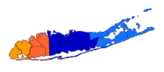 Nassau County (rot) und Suffolk County (blau und hellblau) sowie Brooklyn und Queens (N.Y. City, orange) im Westen