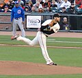 S.F. Giants pitcher Madison Bumgarner pitching in a game against the Chicago Cubs, August 2010.
