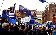 A pro-EU demonstration in Manchester in October 2017 Manchester anti-Brexit protest for Conservative conference, October 1, 2017 IMG 2869.jpg