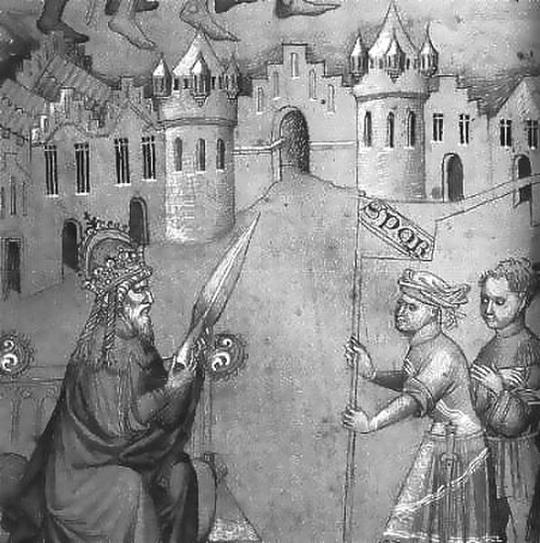 The emperor of Constantinople holding the Holy Lance, from a British Library manuscript