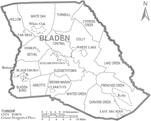 Map of Bladen County, North Carolina, with municipal and township labels