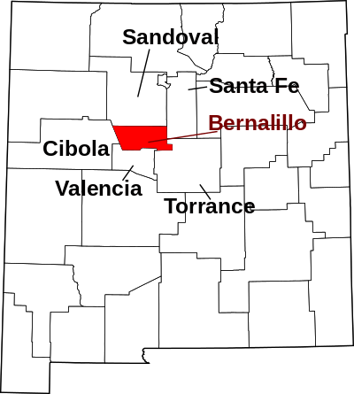 Map of New Mexico highlighting Bernalillo County.svg