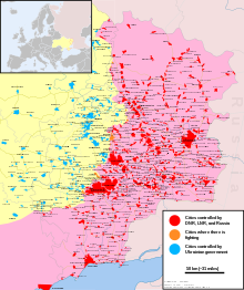 Military control around Donbas as of 6 March 2023 Map of the war in Donbass.svg