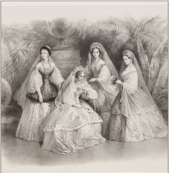 Tsarina Alexandra Feodorovna (Charlotte of Prussia) with her daughter Maria Nikolaevna and her daughters-in-law: Grand Duchesses Maria Alexandrovna an