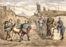 Sur le premier plan de ce tableau, trois personnages à l'embompoint prononcé portent un soufflet, que l'un met en bouche. Plusieurs moulins sont visibles en arrière-plan.
