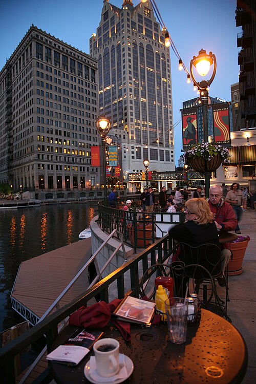 Image: Milwaukee (WIS) Downtown Riverwalk 100 East Building & First National Bank Building (4743909231)