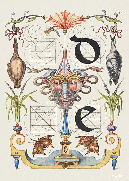 File:Mira calligraphiae monumenta (Model Book of Calligraphy) Joris Hoefnagel 1596 Ms.20 (86.MV.527) fol. 143 guide for constructing the letters d and e (enhanced image by Rawpixel).jpg