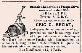 Première publicité illustrée pour un cric parue dans le Moniteur Vinicole no 11 du mercredi 3 septembre 1856.