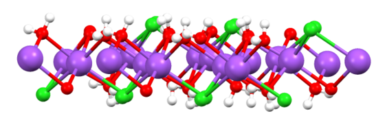 View of one slab of NaCl(H2O)2 (red = O, white = H, green = Cl, purple = Na).[21]