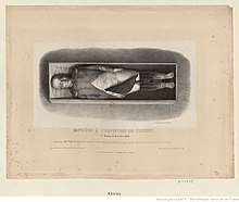 Situation of Napoleon's body when his coffin was reopened on St Helena, by Jules Rigo, 1840 Napoleon a l'ouverture du cercueil.jpg