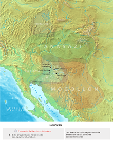 A map of the pre-historic cultures of the American Southwest ca 1200 CE. Several Hohokam settlements are shown Oasisamerica-Hohokam.png