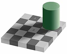 An optical illusion. Square A is exactly the same shade of grey as square B