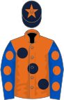 Orange, large dark blue spots, royal blue sleeves, orange spots, blue cap, orange star