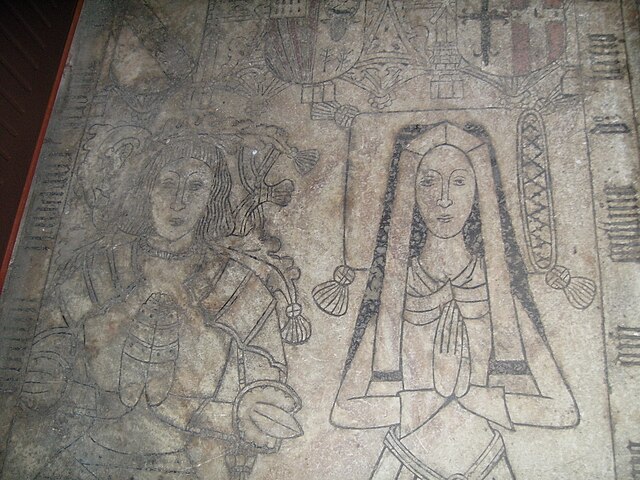 William Wynnesbury of Pillaton Hall and his wife, grandparents of Edward Littleton. From their memorial, in the floor of the south chancel aisle, St. 