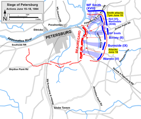 Siege of Petersburg, assaults on June 15-18 Petersburg June15-16.png