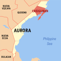 Mapa ng Aurora na nagpapakita sa lokasyon ng Casiguran.