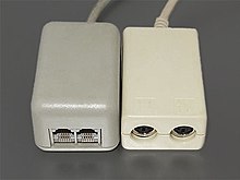 Farallon PhoneNET and Apple LocalTalk transceivers. Both connected computing devices (like Macintoshes and LaserWriter printers) with Apple Desktop Bus ports to LocalTalk local area networks. The Farallon transceiver did so over ANSI/TIA-568 standard structured cabling plants, while the Apple transceiver used a short-range proprietary daisy chain. PhoneNET-LocalTalk.jpg