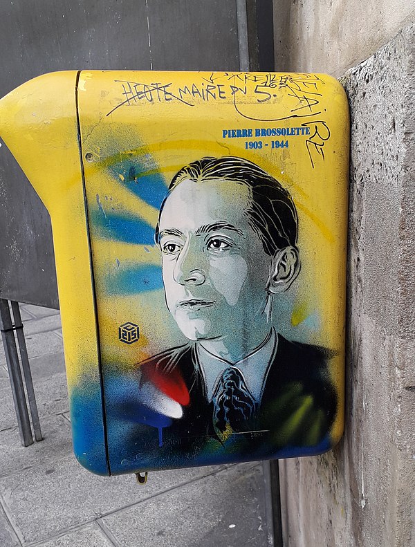 Street art by C215 on a postbox in the 5th arrondissement of Paris honoring French Resistance hero Pierre Brossolette in a partnership with the Centre