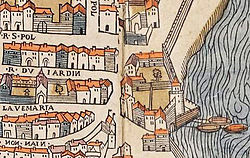 Věž na plánu města kolem roku 1550