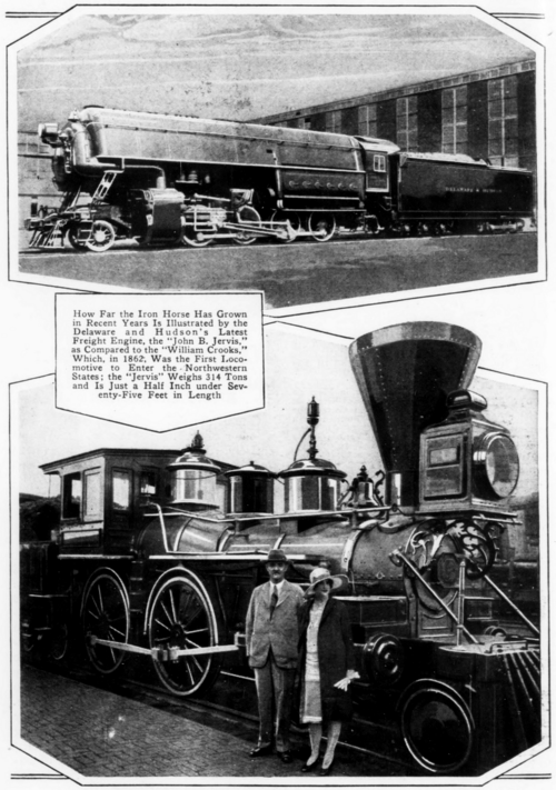 How Far the Iron Horse Has Grown in Recent Years Is Illustrated by the Delaware and Hudson's Latest Freight Engine, the "John B. Jervis," as Compared to the "William Crooks," Which, in 1862, Was the First Locomotive to Enter the Northwestern States: the "Jervis" Weighs 314 Tons and Is Just a Half Inch under Seventy-Five Feet in Length