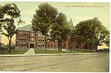 A postcard photograph of the school taken between 1906 and 1916 PostcardJamestownHighJamestownNY19061916.jpg