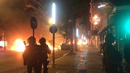 A barricade on fire. Since 14 October 2019 there were major protests, riots and looting in the Catalan municipalities with more population. Protestes a Girona 20191016 11.jpg