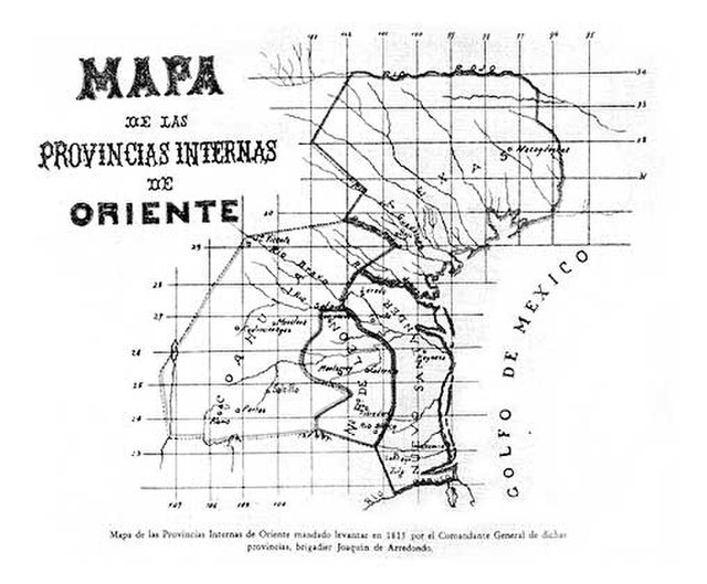 The Provincias Internas in 1815, showing the territory of Coahuila, the New Kingdom of León, Nuevo Santander, and Texas.