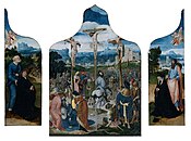 Attributed to Jan Wellens de Cock. Triptych with the Crucifixion label QS:Len,"Triptych with the Crucifixion" label QS:Lpl,"Tryptyk z ukrzyżowaniem" label QS:Lnl,"Drieluik met de kruisiging" 1500-1550. oil on panel medium QS:P186,Q296955;P186,Q106857709,P518,Q861259 . 37 × 45.5 cm (14.5 × 17.9 in). Amsterdam, Rijksmuseum Amsterdam.