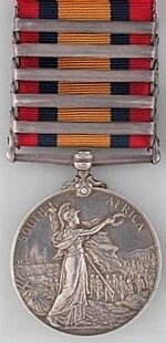 The Queen's South Africa Medal awarded to men of the 4th Gloucesters who served on St Helena; their medals were issued without clasps. Queen's South Africa Medal with 5 clasps, reverse.jpg