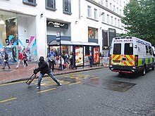 A lone rioter on Corporation Street in Birmingham Rioting in Birmingham City Centre - geograph.org.uk - 2544506.jpg